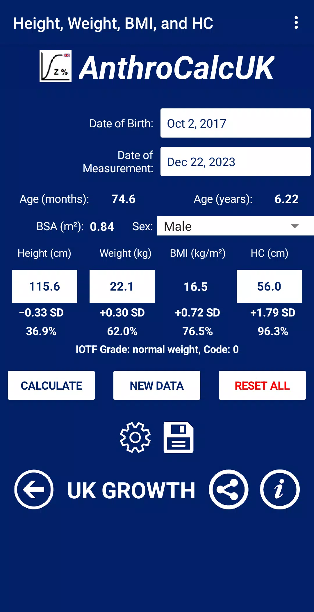 AnthroCalcUK Screenshot 2